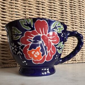 Yokohama Studio Cobolt Blue Hand Painted  Floral Raised Dots Coffee Mug